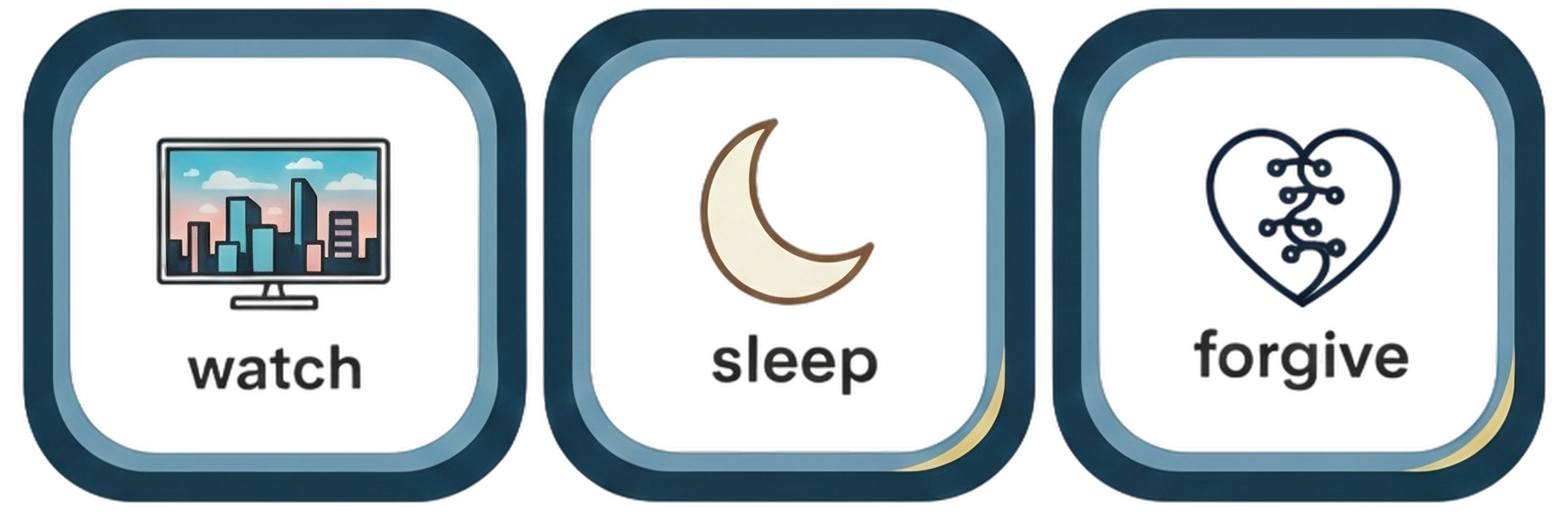 Image with 3 icons: Watch Sleep Forgive