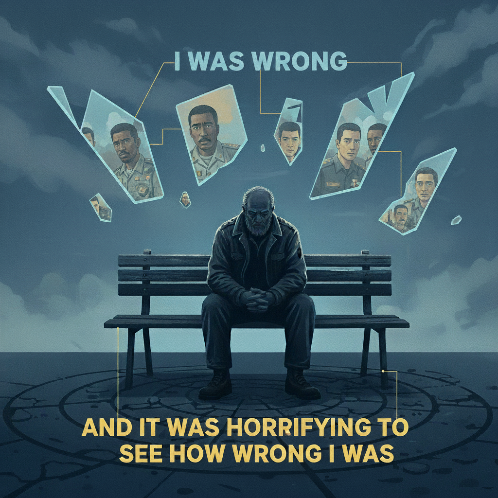 Man sitting on a bench reflecting on veterans shown in shards of glass above his head. 